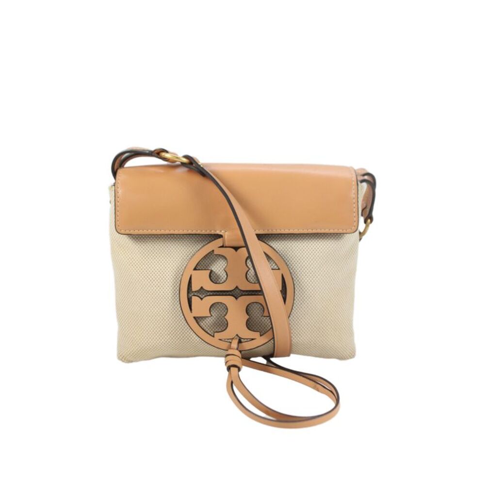 Tory Burch Womens Canvas Leather Logo Crossbody Handbag Beige Brown